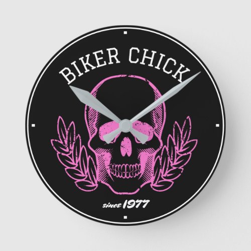Biker Chick Skull Since Date Motorcycle Black Pink Round Clock