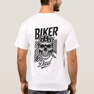 Biker Dad   Skull & Checkered Flag Motorcycle T-Shirt