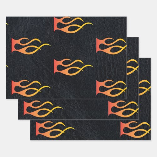 Biker Flame on Faux Black Leather Motorcycle Wrapping Paper Sheets