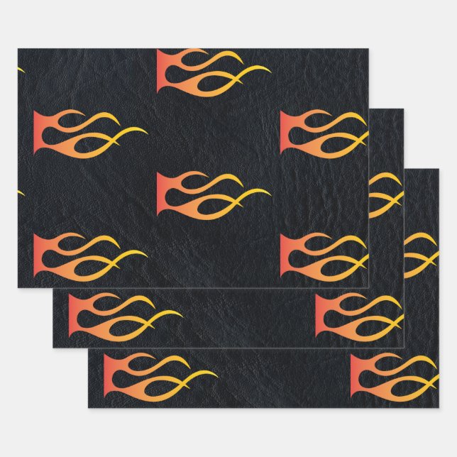 Biker Flame on Faux Black Leather Motorcycle Wrapping Paper Sheets (Set)
