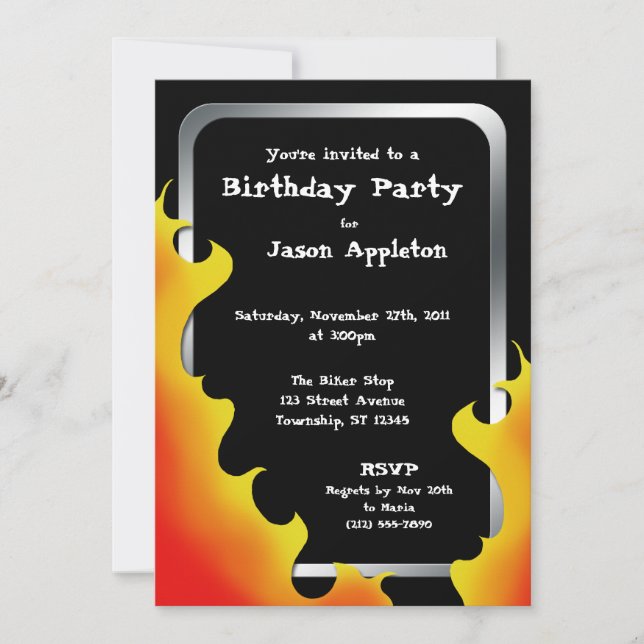 Biker Flames Silver Frame Birthday Invitations (Front)
