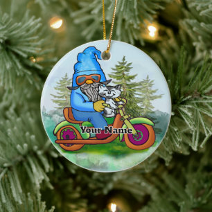 Biker gnome ceramic ornament
