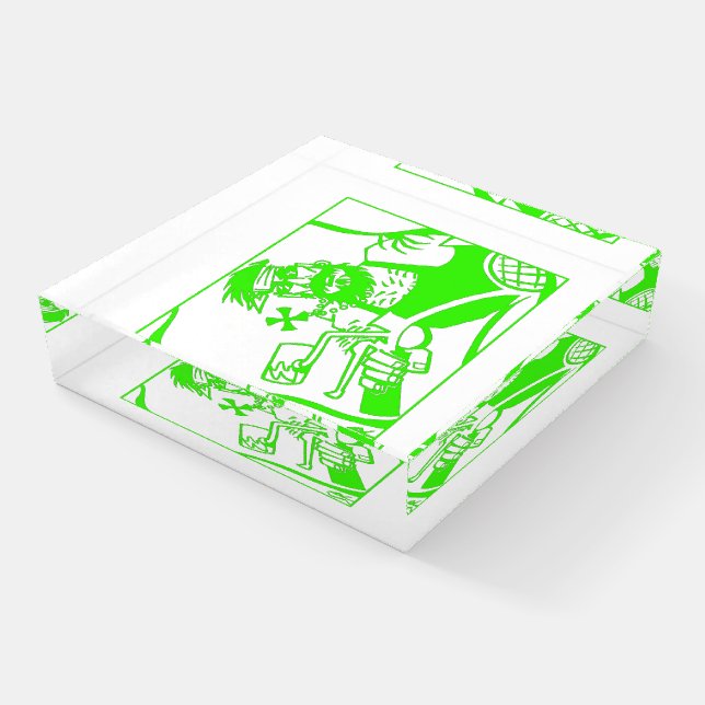 Biker green clear glass square paperweight (Angled)
