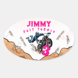 Biker Kid Dirt Stunt Bike Birthday Party Card Oval Sticker