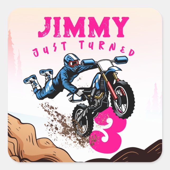 Biker Kid Dirt Stunt Bike Birthday Party Card Squa Square Sticker (Front)
