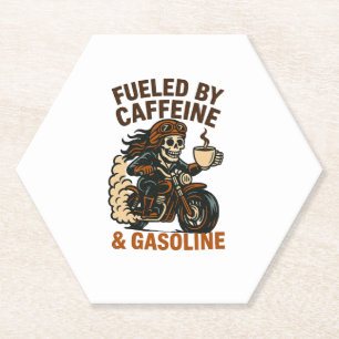 Biker lady Skeleton T-Shirt Fueled by Caffeine and Paper Coaster
