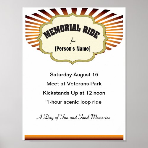 Biker Memorial Ride sunburst invitation Poster