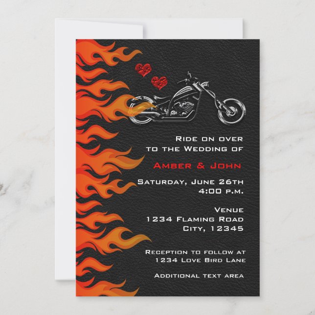 Biker Motorcycle Black Leather Flames Invitation (Front)