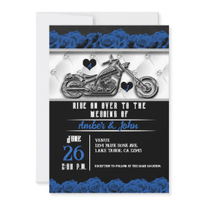 Biker Motorcycle Leather Blue Rose Wedding  Invitation