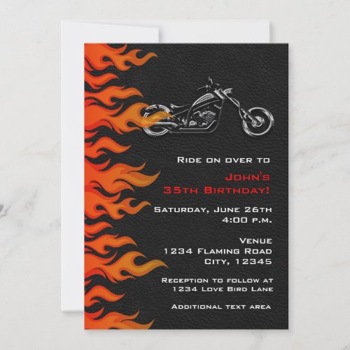 Biker Motorcycle Leather Flames Party Invitation