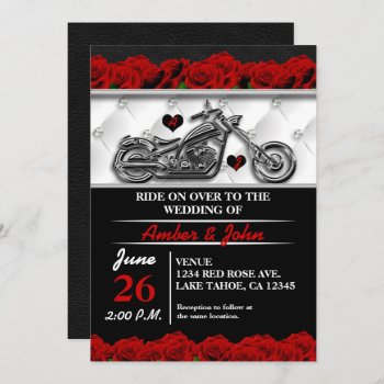 Biker Motorcycle Leather Rose Wedding Invitations by printabledigidesigns at Zazzle