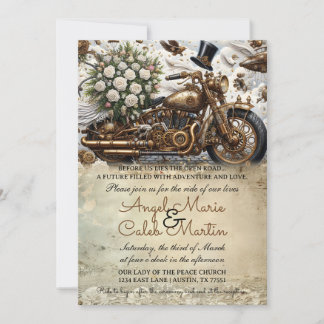Biker Motorcycle Wedding Gold White Invitation