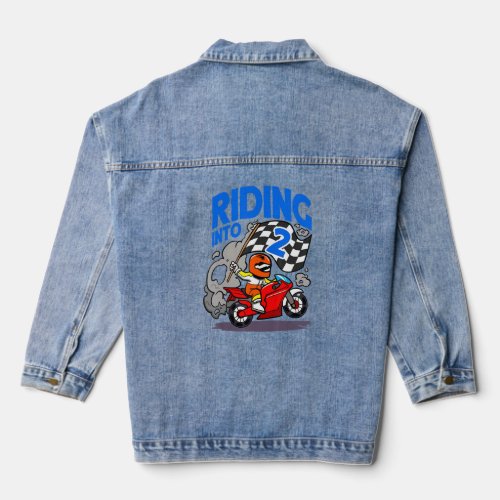 Biker Motorcyclist Riding Into 2nd Boy Motorcycle  Denim Jacket