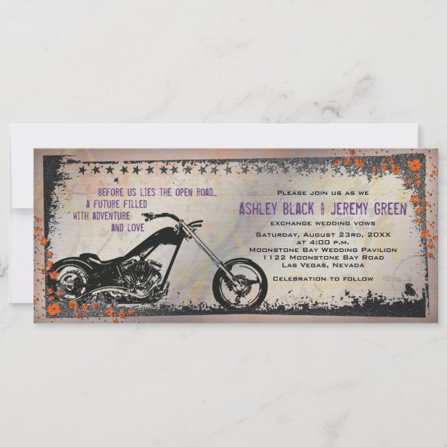 Biker or Motorcycle Wedding Invitation - Purple (Front)