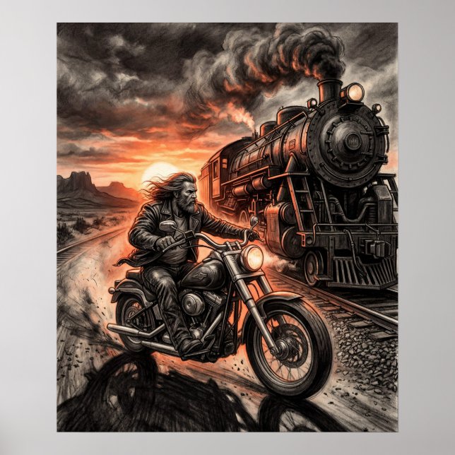 Biker Races Steam Train Desert Sunset Charcoal Art Poster (Front)