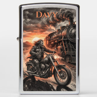 Biker Races Steam Train Desert Sunset Charcoal Art Zippo Lighter