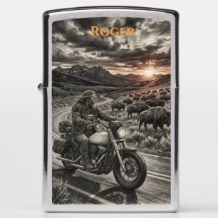  Biker Rides Past Buffalo Herd American West Sun Zippo Lighter
