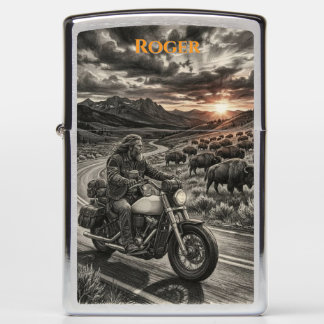 Biker Rides Past Buffalo Herd American West Sun Zippo Lighter