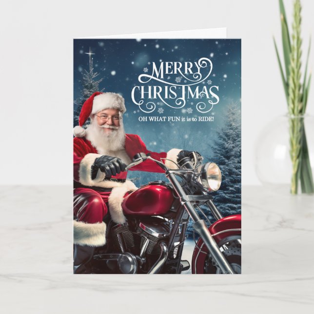 Biker Santa Christmas with Winter Pines Holiday Card (Front)
