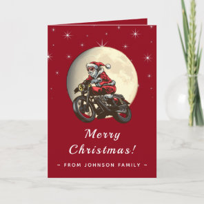 Biker Santa Riding a Motorcycle Moon Sky Dark Red Card