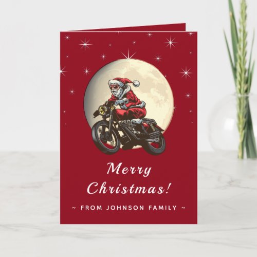 Biker Santa Riding a Motorcycle Moon Sky Dark Red Card