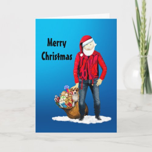 Biker Santa with Bag of Toys and a Puppy Holiday Card