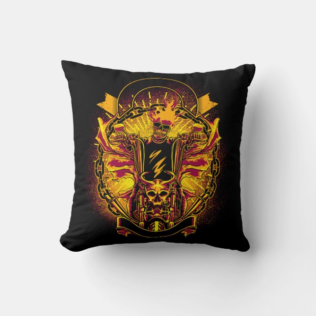 Biker Skeleton Evil Fire Motorbike Throw Pillow (Front)