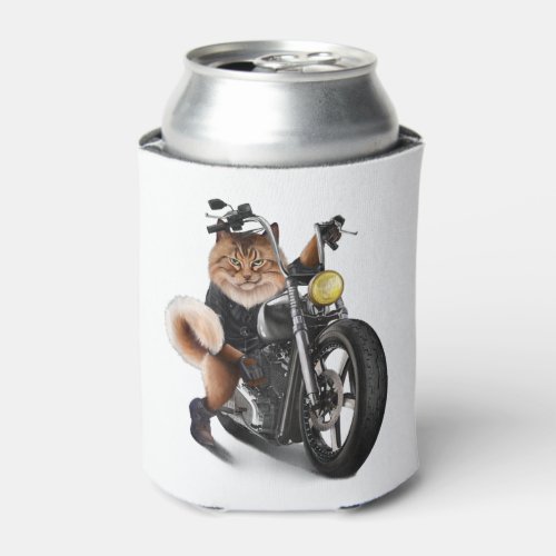 Biker Tabby Cat Riding Chopper Motorcycle Can Cooler