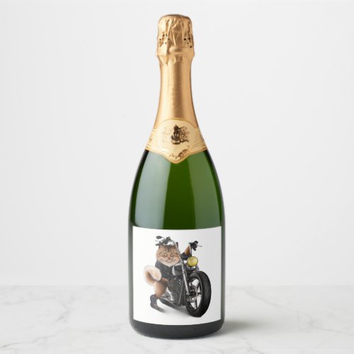 Biker Tabby Cat Riding Chopper Motorcycle Sparkling Wine Label