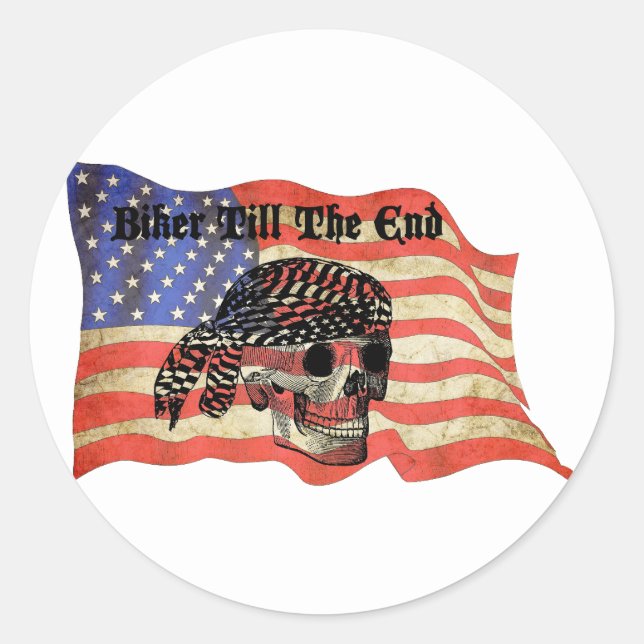Biker till the end skull USA Flag art Classic Round Sticker (Front)