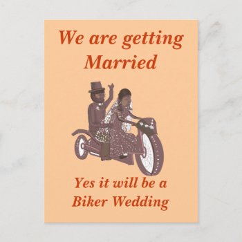 Biker Wedding  Groom Riding Pillion  Stationary Announcement Postcard by artistjandavies at Zazzle