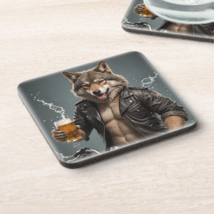 Biker wolf and beer beverage coaster