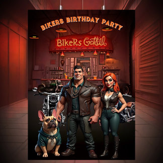 Bikers Bar Birthday Party Couple Muscle Bulldog Invitation