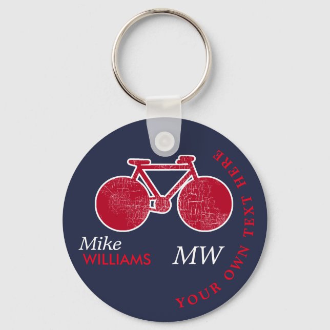 biking, red bike on blue key-chain with name keychain (Front)