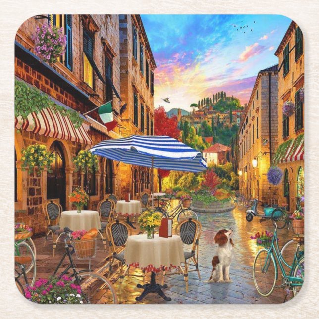 Biking Through Italy Fine Art Square Paper Coaster (Front)