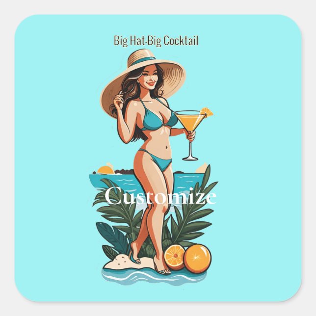 Bikini Babe Big Hat- Big Cocktail Thunder_Cove Square Sticker (Front)
