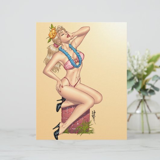 Bikini Blond Pin-up Girl with Flowers by Al Rio (Standing Front)
