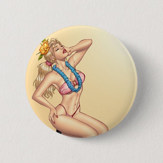 Bikini Blond Pin-up Girl with Flowers by Al Rio Button (Front)