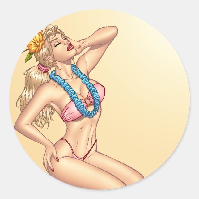 Bikini Blond Pin-up Girl with Flowers by Al Rio Classic Round Sticker (Front)