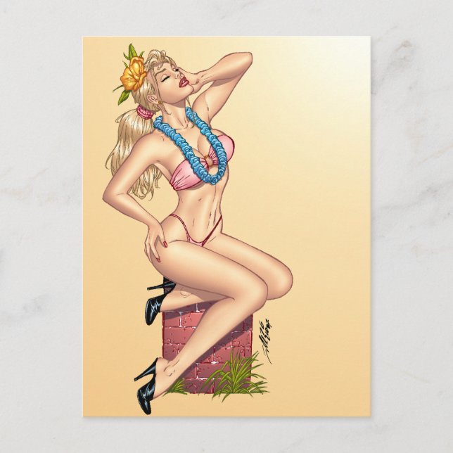 Bikini Blond Pin-up Girl with Flowers by Al Rio Postcard (Front)
