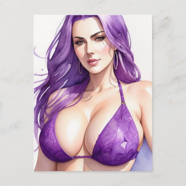 Bikini Girl Art postcard Purple Hair   (Front)
