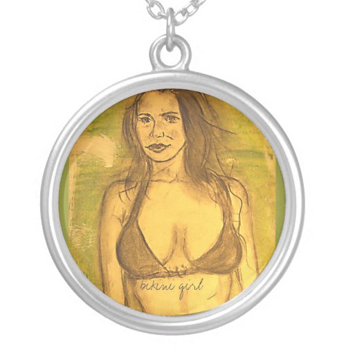 bikini girl art silver plated necklace