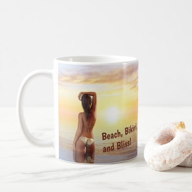 Bikini Girl Posing in the Sea at Sunset Coffee Mug (With Donut)