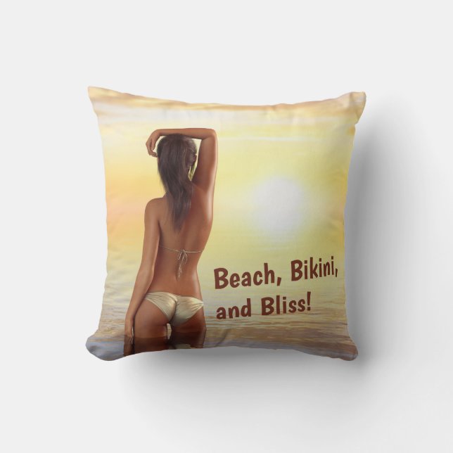 Bikini Girl Posing in the Sea at Sunset Throw Pillow (Front)