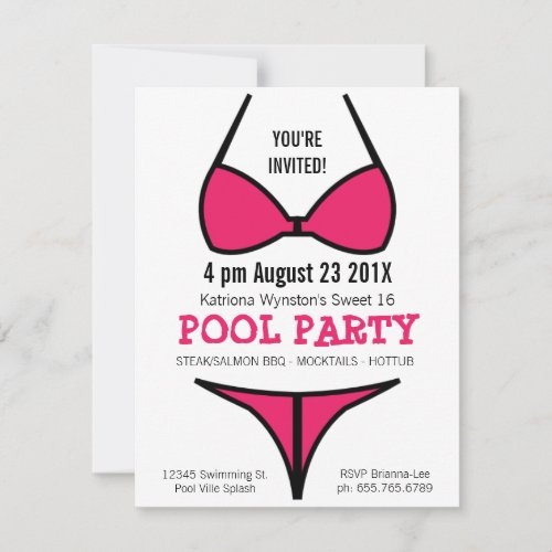 Bikini Girl Sweet 16 Pool Party Custom Invitations