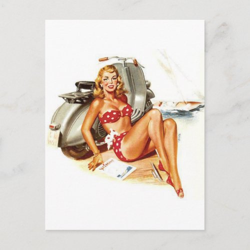 Bikini girl with Scooter vintage pin up Postcard