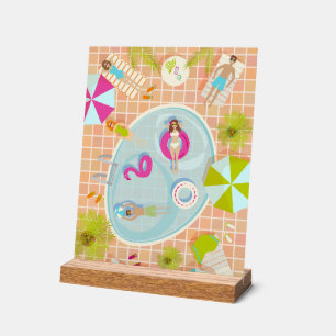 Bikini girls and guys playing swimming pool game acrylic sign