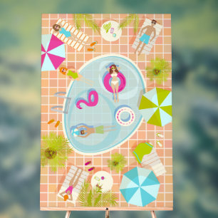 Bikini girls and guys playing swimming pool game acrylic sign