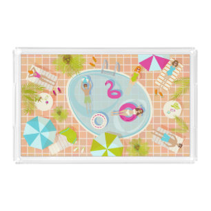 Bikini girls and guys playing swimming pool game acrylic tray