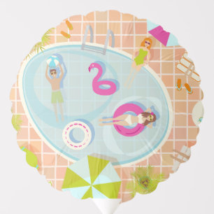 Bikini girls and guys playing swimming pool game balloon